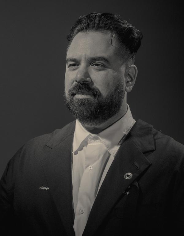 Black and white portrait of Michael Zumaya