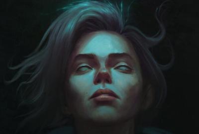 Dark illustrated poster of a woman looking upward beneath a glowing teal moth, with the title “THE CRADLE” at the bottom.