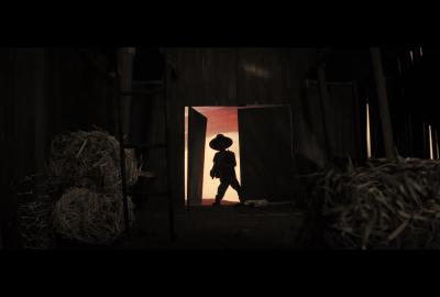 A dark silhouette of a figure standing in a sunlight doorway, looking into a dark barn.