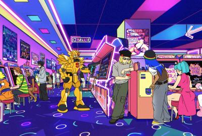 Various characters hanging out at the arcade