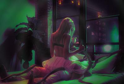 neon green and pink. a young woman with tentacles poking out of her skirt crouches on a bed