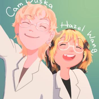 Self-portrait drawing of directors Hazel Wang and Cam Duska.